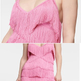 Ihoov Pink Fringe V-Neck Spaghetti Strap Dress