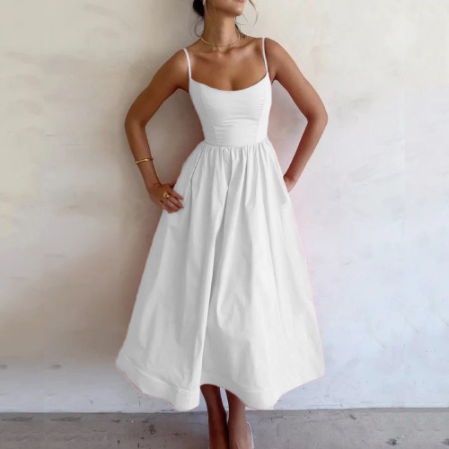 ihoov Solid Color U-Neck Waist-Cinched Pleated Maxi Dress