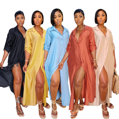Ihoov Satin Split Maxi Shirt Dress