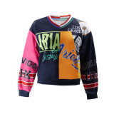 ihoov Color-Block Letter Print Loose women's hoodies Fit V-Neck Sweatshirt
