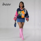 ihoov Color-Block Letter Print Loose women's hoodies Fit V-Neck Sweatshirt