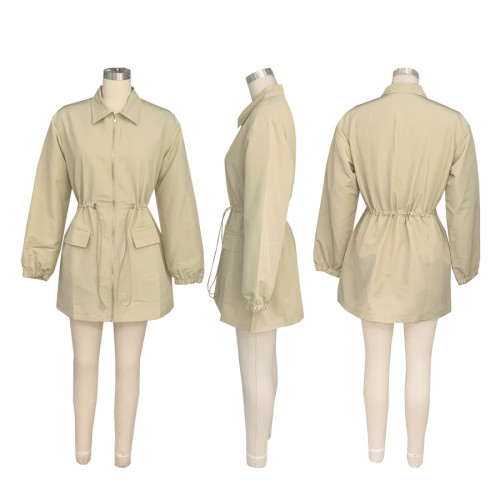 Ihoov Autumn Drawstring Waist Mid-Length Trench Coat windbreak jacket