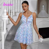ihoov Sparkling Deep V-Neck Spaghetti Strap Mini Dress for Summer