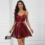 Ihoov Sparkling Deep V-Neck Off-Shoulder A-Line Slip Dress