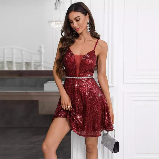 Ihoov Sparkling Deep V-Neck Off-Shoulder A-Line Slip Dress