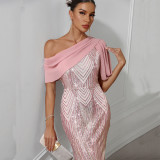 Ihoov One-Shoulder Chiffon Sequin Maxi Dress for Parties