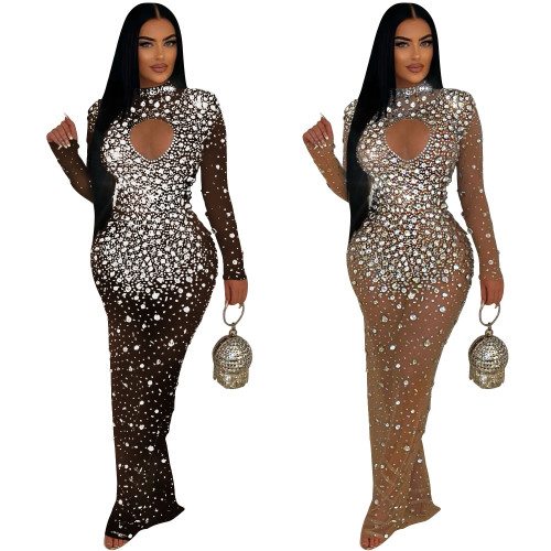 Round Neck Rhinestone Embellished Maxi Dress