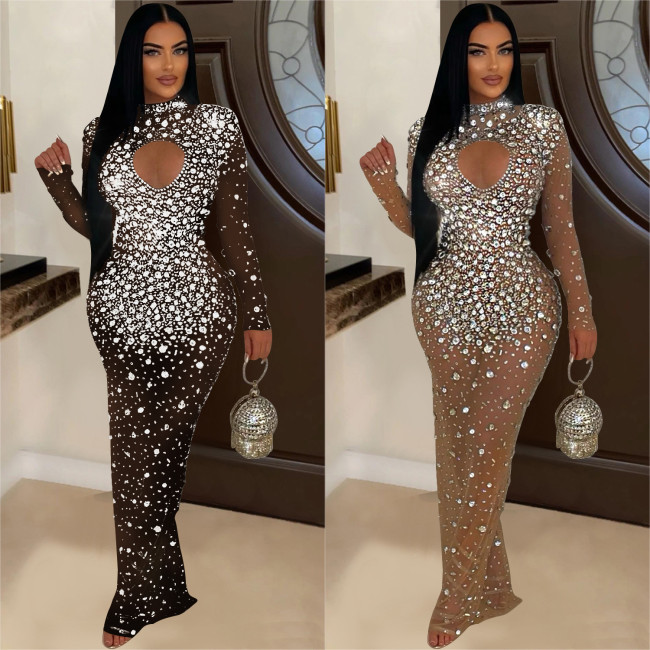 Round Neck Rhinestone Embellished Maxi Dress