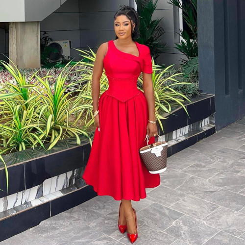 Asymmetrical Neckline Waist Tie A-Line  Dress