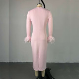High-Waisted Long Sleeve Dress with Feather Embellishments
