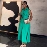 High-Waisted Sleeveless Cardigan Dress with Lapel and Pockets
