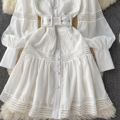 Lace-Trimmed Lantern Sleeve Dress with Ruffled Hem