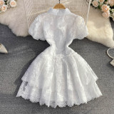 White Embroidered Puff Sleeve A-Line Cake Dress