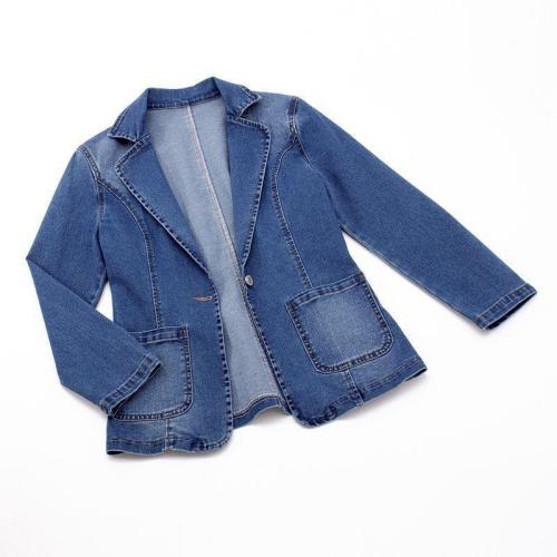 Women's Notched Lapel and Single Button Closure Slim Fit Denim Blazer