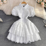 White Embroidered Puff Sleeve A-Line Cake Dress