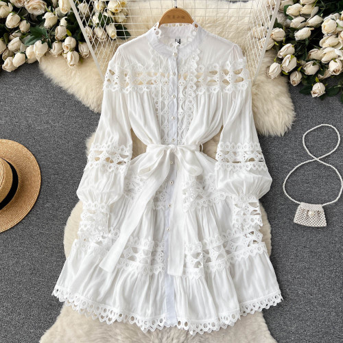 Elegant Lace Hollow-Out Stand Collar Dress with Single Button and Tie Detail for Women