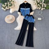 Patchwork Denim Top with Short Sleeve T Shirt High Waisted Casual Straight Leg Pants Set