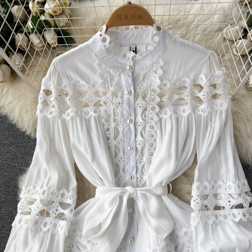 Elegant Lace Hollow-Out Stand Collar Dress with Single Button and Tie Detail for Women