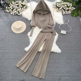 Slim-Fit Knit Hoodie & High-Waisted Wide-Leg Pants Set