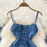 Backless Denim A-Line Dress with Waist Tie