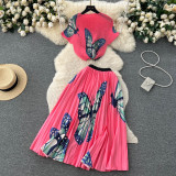 Round Neck Stretch Short Sleeve Top & High-Waisted Pleated Skirt