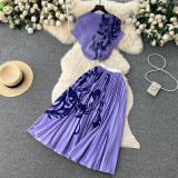 Round Neck Stretch Short Sleeve Top & High-Waisted Pleated Skirt