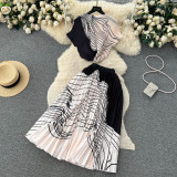 Round Neck Stretch Short Sleeve Top & High-Waisted Pleated Skirt