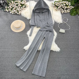 Slim-Fit Knit Hoodie & High-Waisted Wide-Leg Pants Set