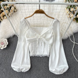 Lace-Trimmed Acetate Satin Shirt with Lantern Sleeves