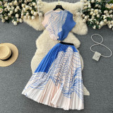 Round Neck Stretch Short Sleeve Top & High-Waisted Pleated Skirt