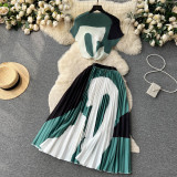 Round Neck Stretch Short Sleeve Top & High-Waisted Pleated Skirt