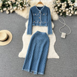 Frayed Denim Jacket & Split Hem Skirt Set
