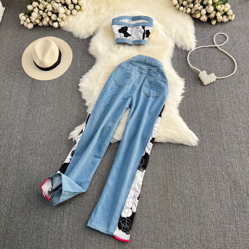 Strapless Denim Crop Top & High-Waisted Floral Patchwork Wide-Leg Pants Set