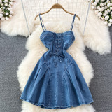 Backless Denim A-Line Dress with Waist Tie