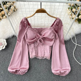 Lace-Trimmed Acetate Satin Shirt with Lantern Sleeves