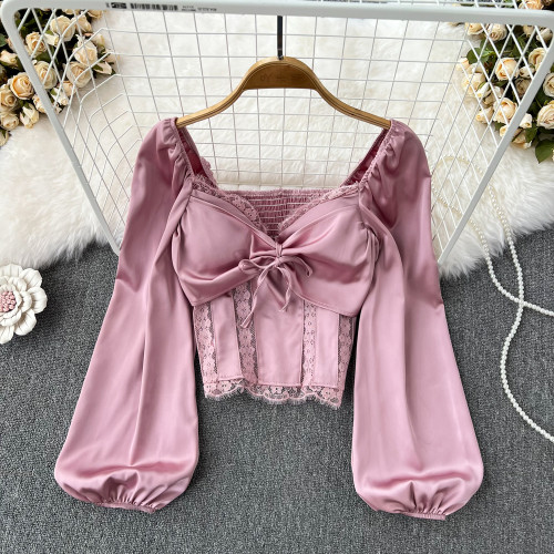Lace-Trimmed Acetate Satin Shirt with Lantern Sleeves
