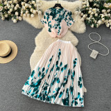 Round Neck Stretch Short Sleeve Top & High-Waisted Pleated Skirt