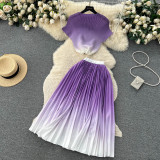 Round Neck Stretch Short Sleeve Top & High-Waisted Pleated Skirt
