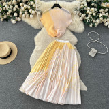 Round Neck Stretch Short Sleeve Top & High-Waisted Pleated Skirt