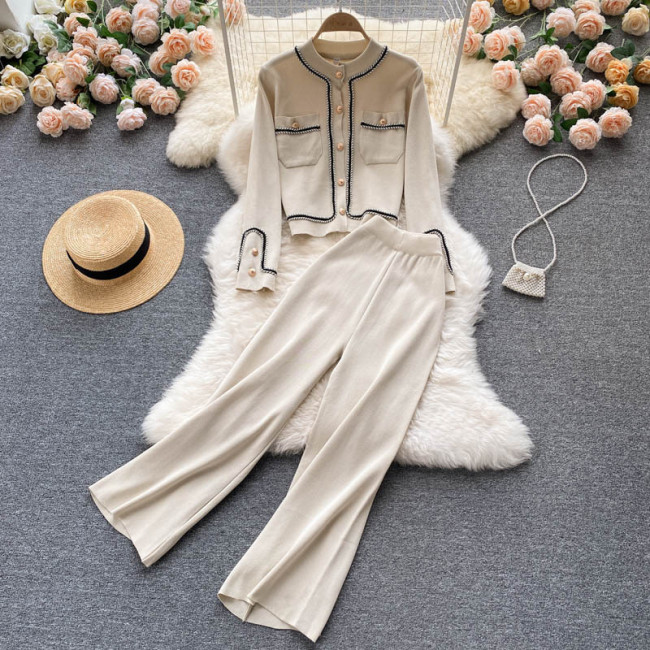Buttoned Cardigan & High-Waisted Wide-Leg Pants Knitted Two-Piece Set