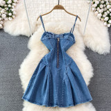 Backless Denim A-Line Dress with Waist Tie
