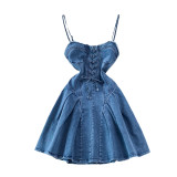 Backless Denim A-Line Dress with Waist Tie