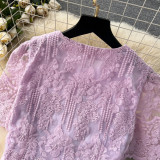 Lace Crochet Puff Sleeve Shirt & High-Waisted Slimming Skirt Set