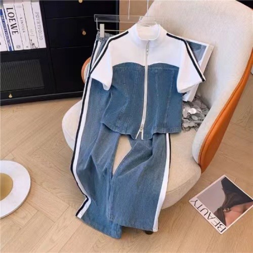 Color-Block Stand Collar Zip-Up Jacket & Wide-Leg Pants Sports Set