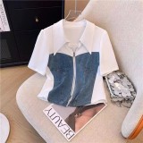 Denim Patching Top with High-Waisted Casual Wide-Leg Pants Set