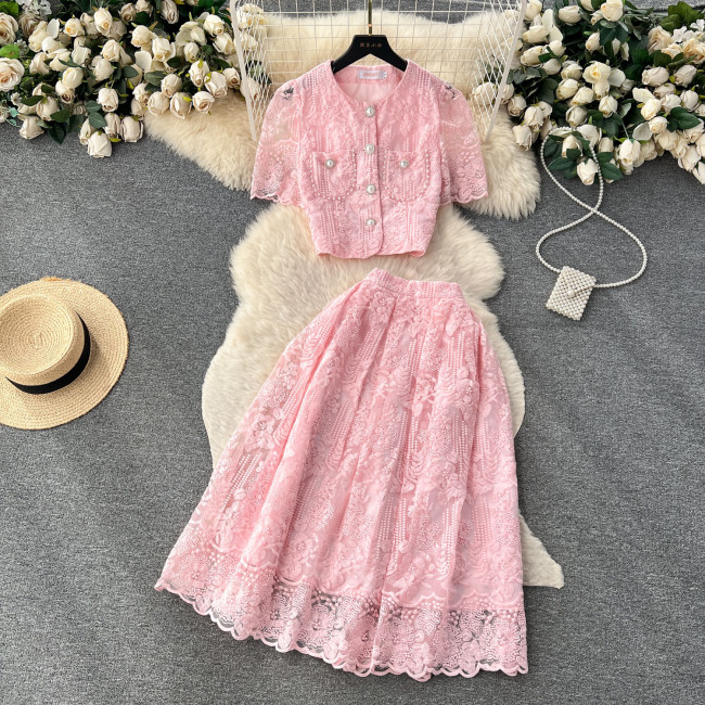 Lace Crochet Puff Sleeve Shirt & High-Waisted Slimming Skirt Set