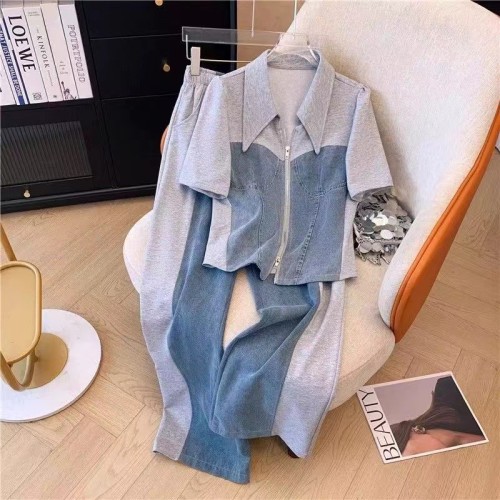 Denim Patching Top with High-Waisted Casual Wide-Leg Pants Set