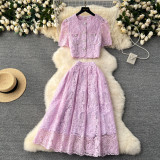 Lace Crochet Puff Sleeve Shirt & High-Waisted Slimming Skirt Set