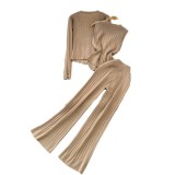Long Sleeve V-Neck Button-Up Knit Cardigan Set with Tank Top and High-Waisted Wide-Leg Pants