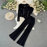 Long Sleeve V-Neck Button-Up Knit Cardigan Set with Tank Top and High-Waisted Wide-Leg Pants